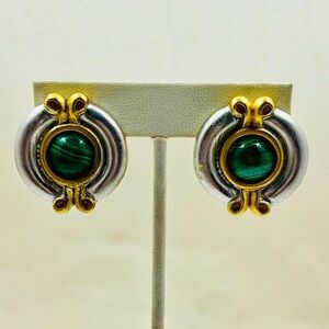 Vintage LINDA LEVINSON Matte Silver And Gold Malachite Clip Earrings